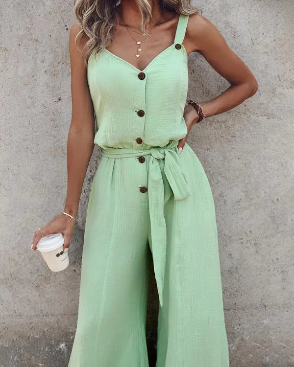 Buttoned Sleeveless Tied Detail Jumpsuit