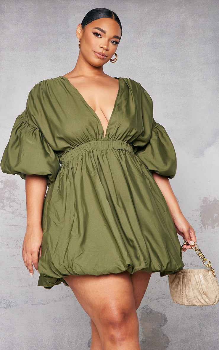 Plus Black Puff Sleeve Puffball Hem Dress