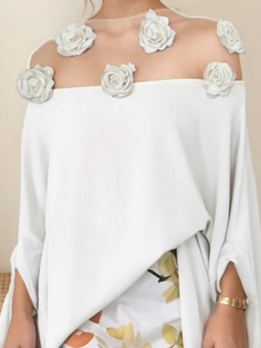 Batwing Sleeves Loose Floral See-Through Flower Round Collar Blouse