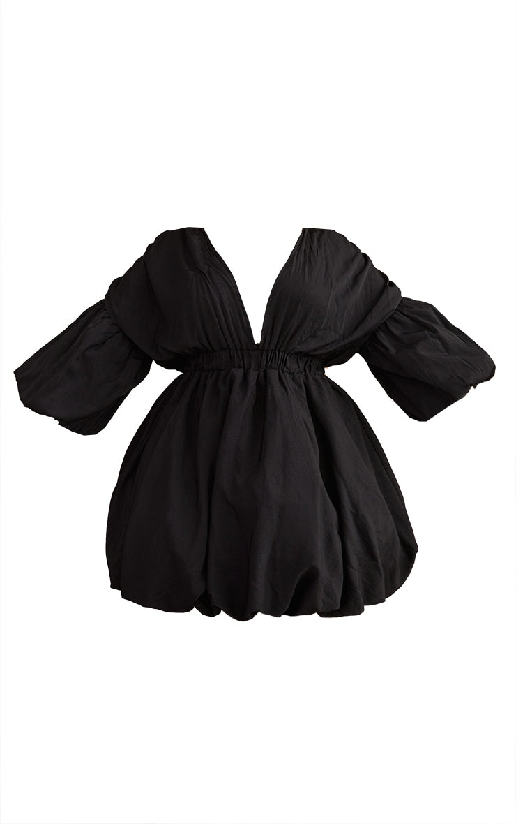 Plus Black Puff Sleeve Puffball Hem Dress