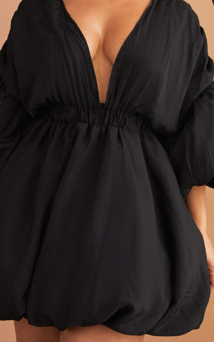 Plus Black Puff Sleeve Puffball Hem Dress