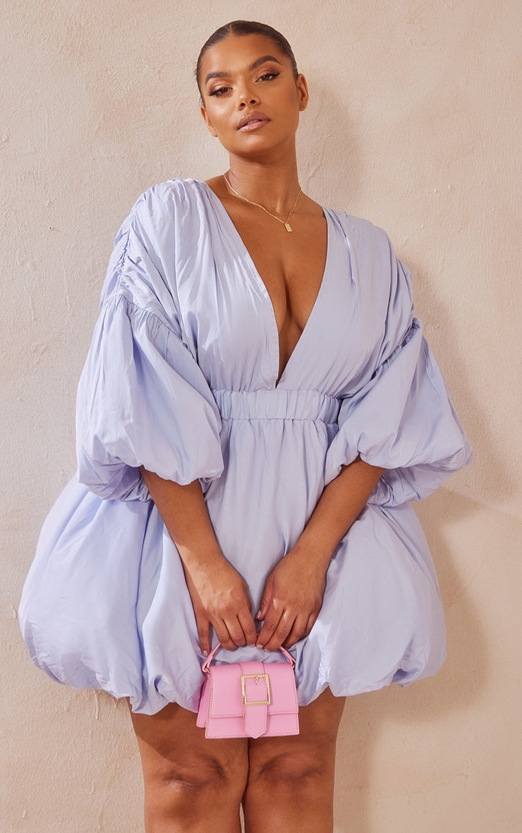 Plus Black Puff Sleeve Puffball Hem Dress