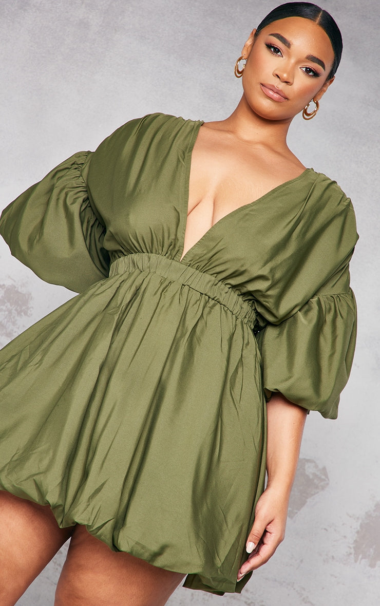 Plus Black Puff Sleeve Puffball Hem Dress
