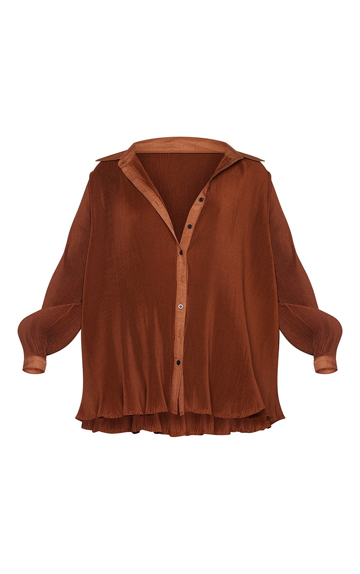 Plus Chocolate Plisse Button Front Oversized Shirt