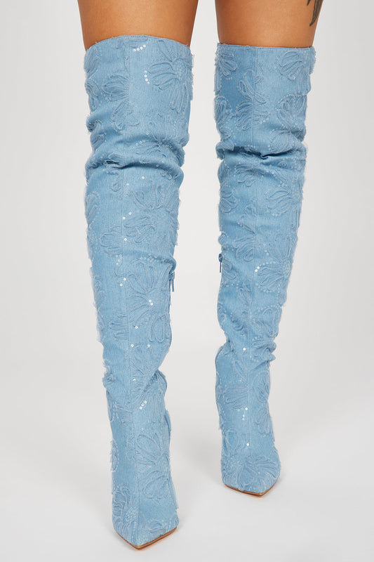 Wallflower Knee High Heeled Boots - Denim