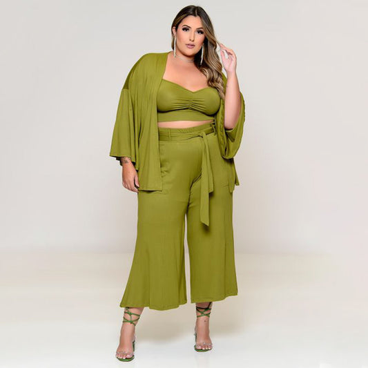 Plus Size Midi Length Wide Leg Pants With Top And Jacket Three-Piece Pants Set