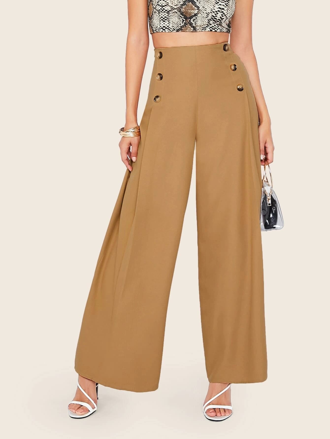 Bizwear High Waist Buttoned Front Wide Leg Pants