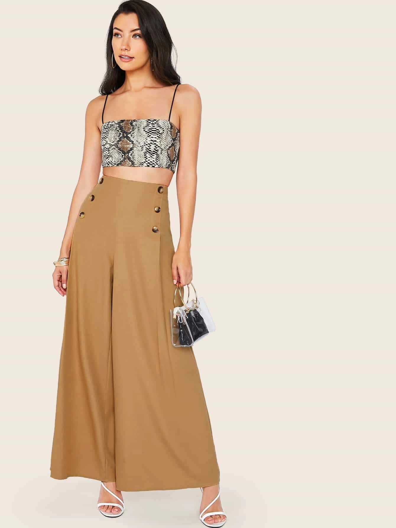 Bizwear High Waist Buttoned Front Wide Leg Pants