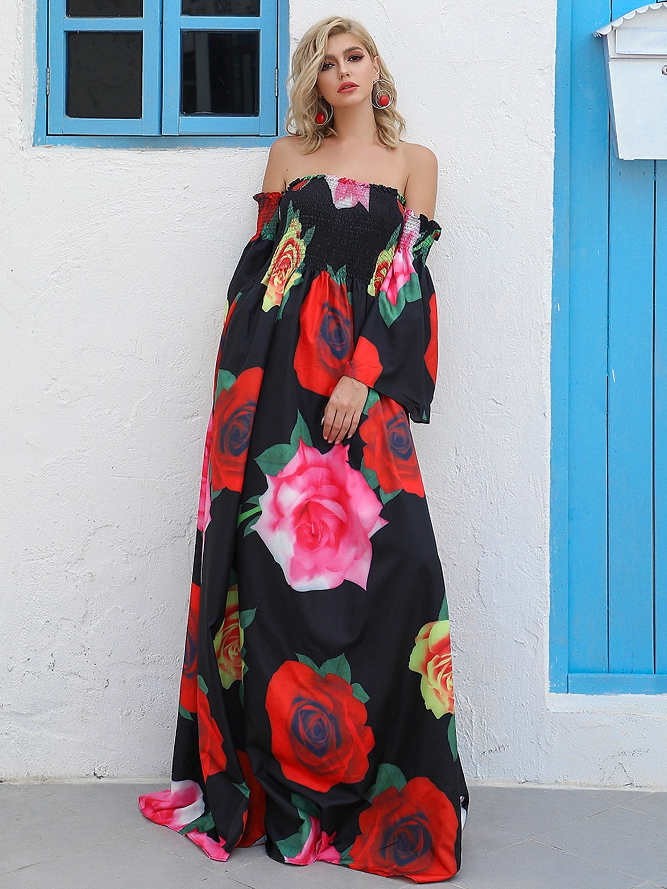 Missord Off Shoulder Shirred Rose Print Maxi Dress