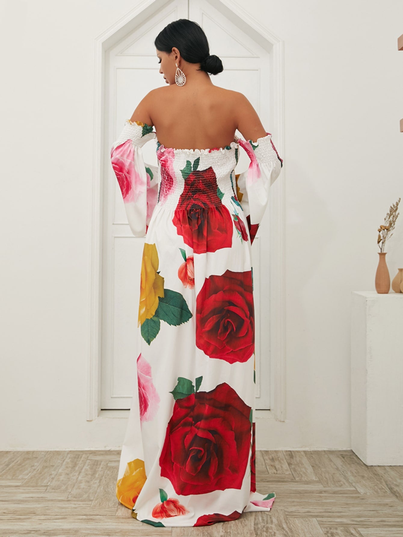 Missord Off Shoulder Shirred Rose Print Maxi Dress