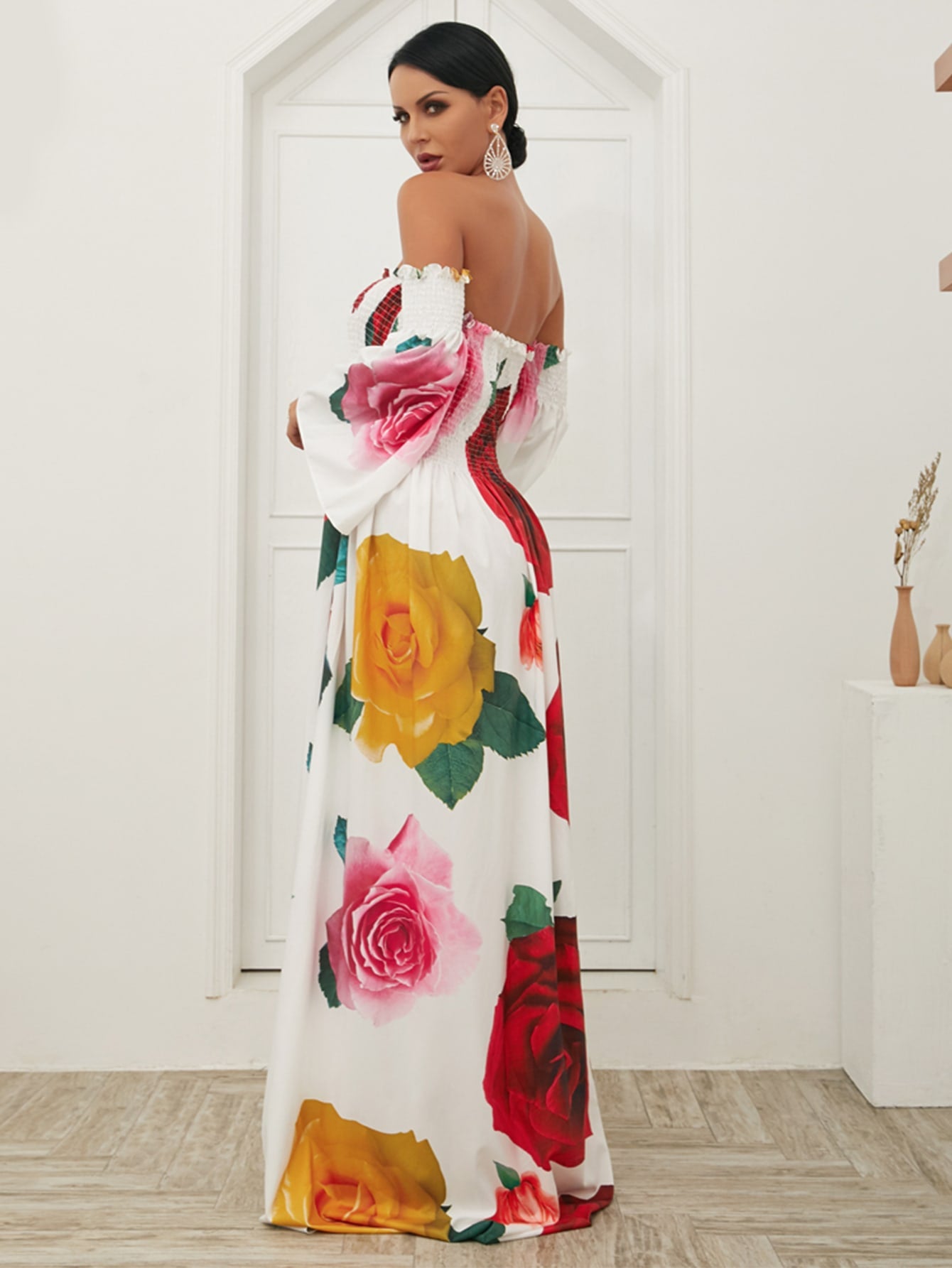 Missord Off Shoulder Shirred Rose Print Maxi Dress