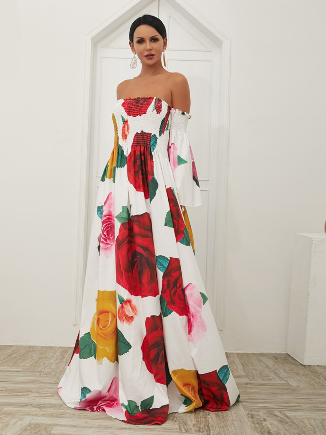 Missord Off Shoulder Shirred Rose Print Maxi Dress