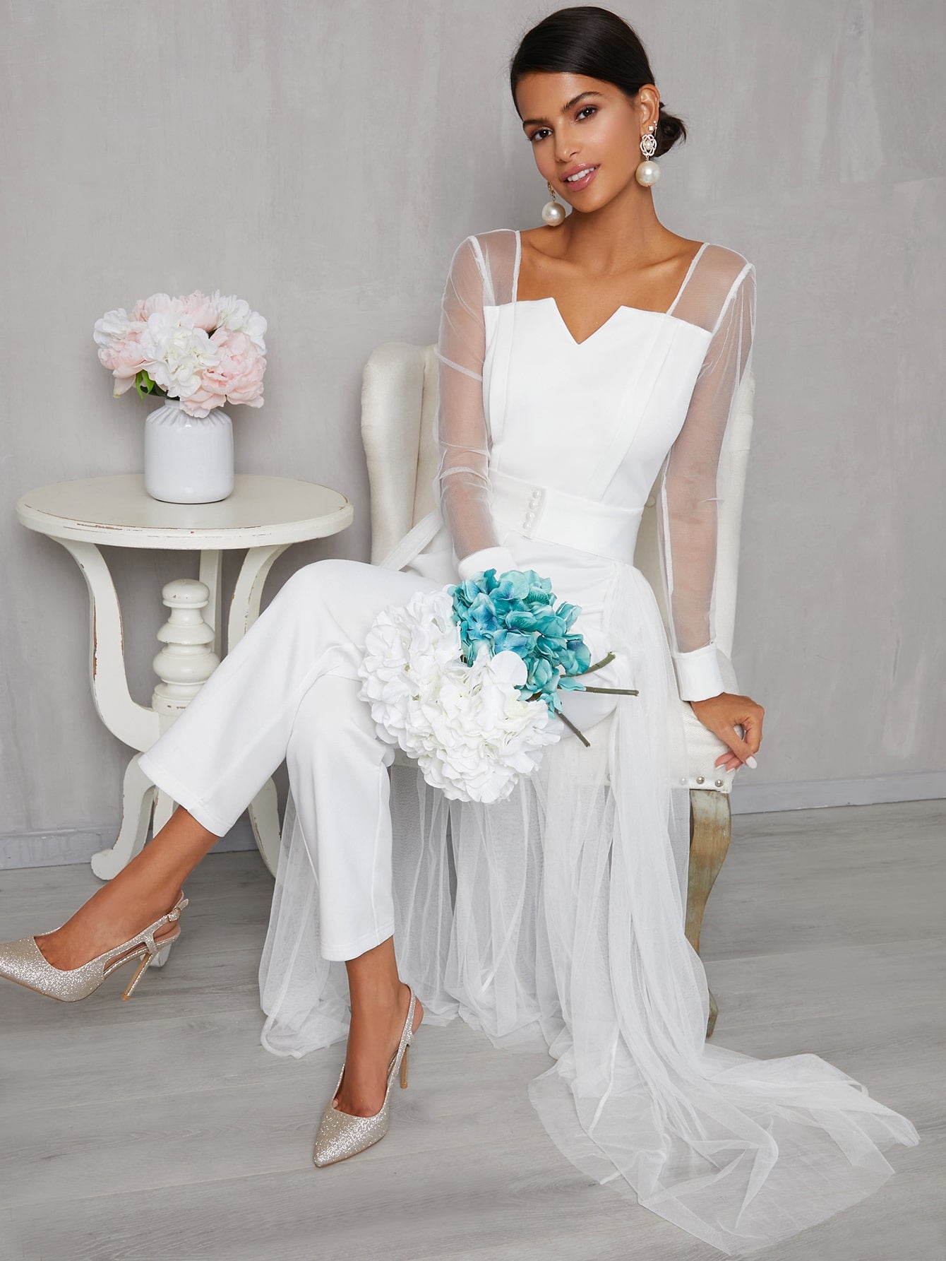 Notch Neck Mesh Panel Pearl Detail Corset Jumpsuit With Skirt