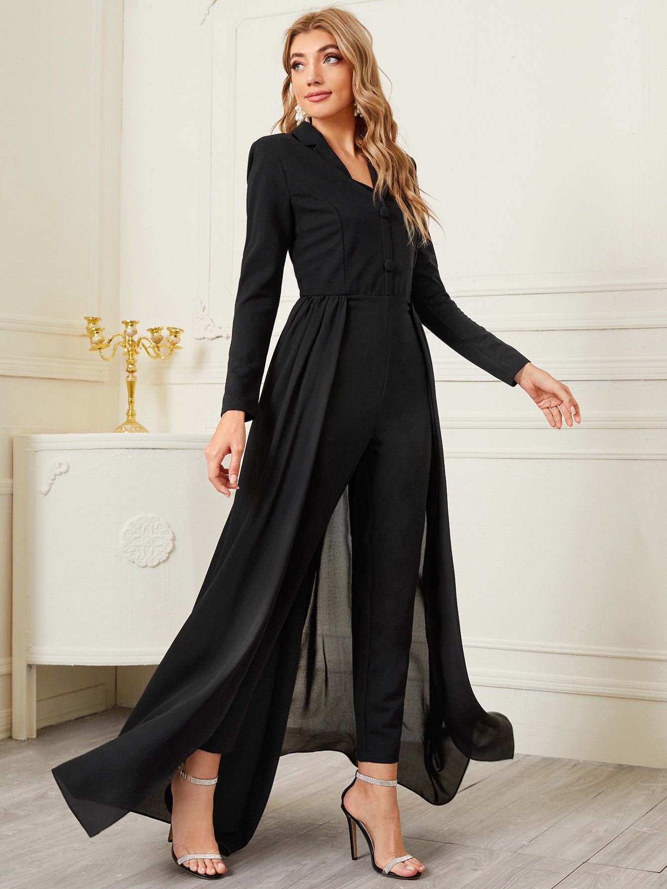 Lapel Collar Solid Shirt Jumpsuit With Skirt