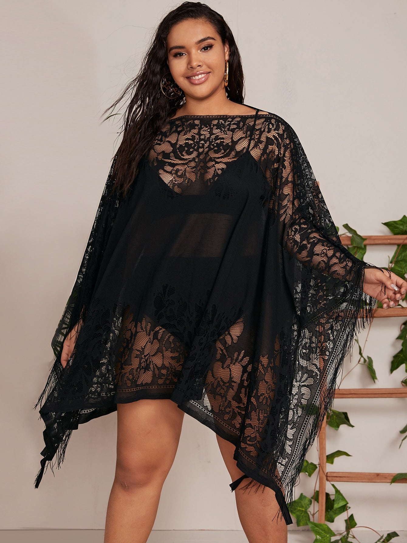 Plus Fringe Hem Sheer Mesh Cover Up