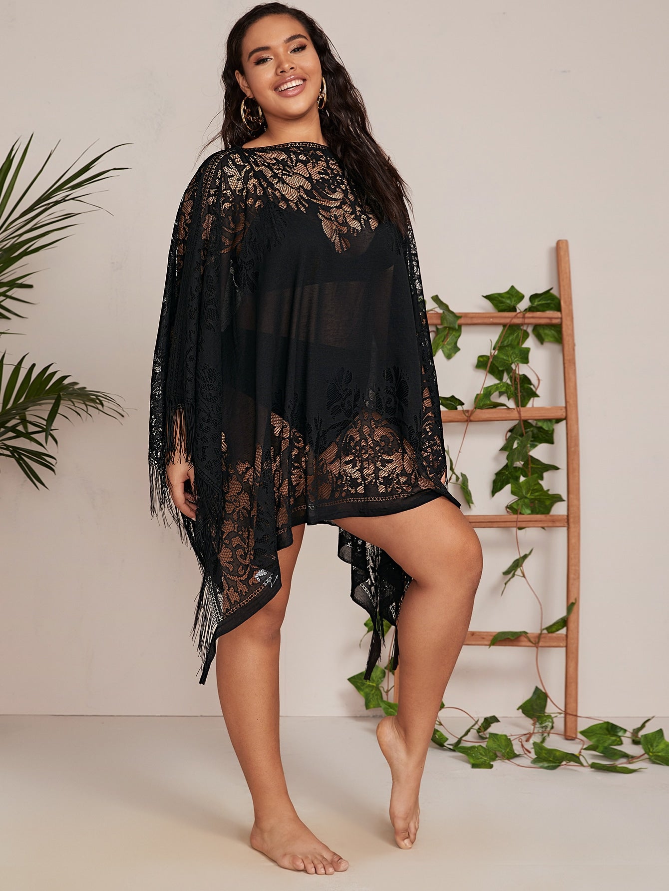 Plus Fringe Hem Sheer Mesh Cover Up