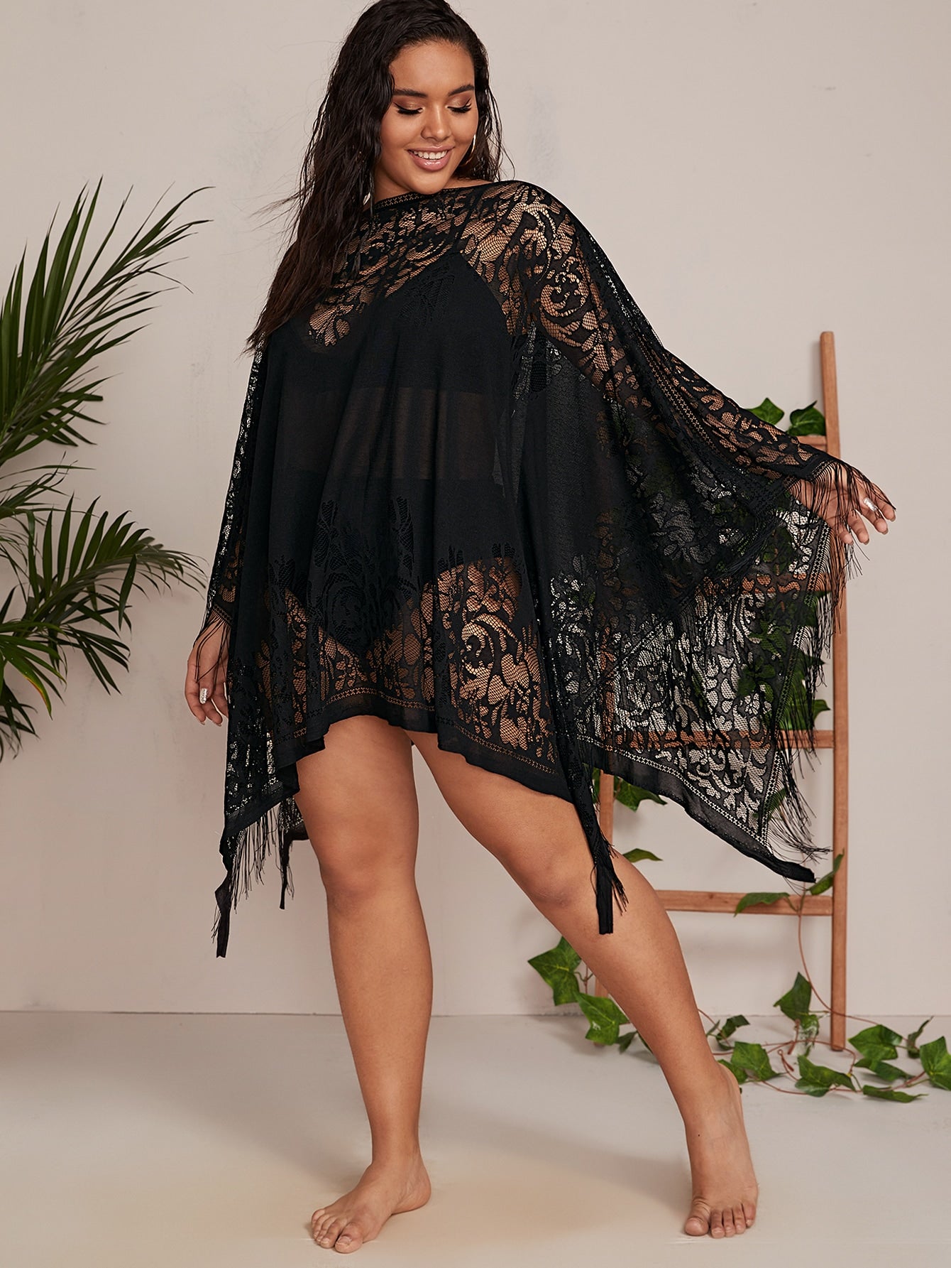 Plus Fringe Hem Sheer Mesh Cover Up