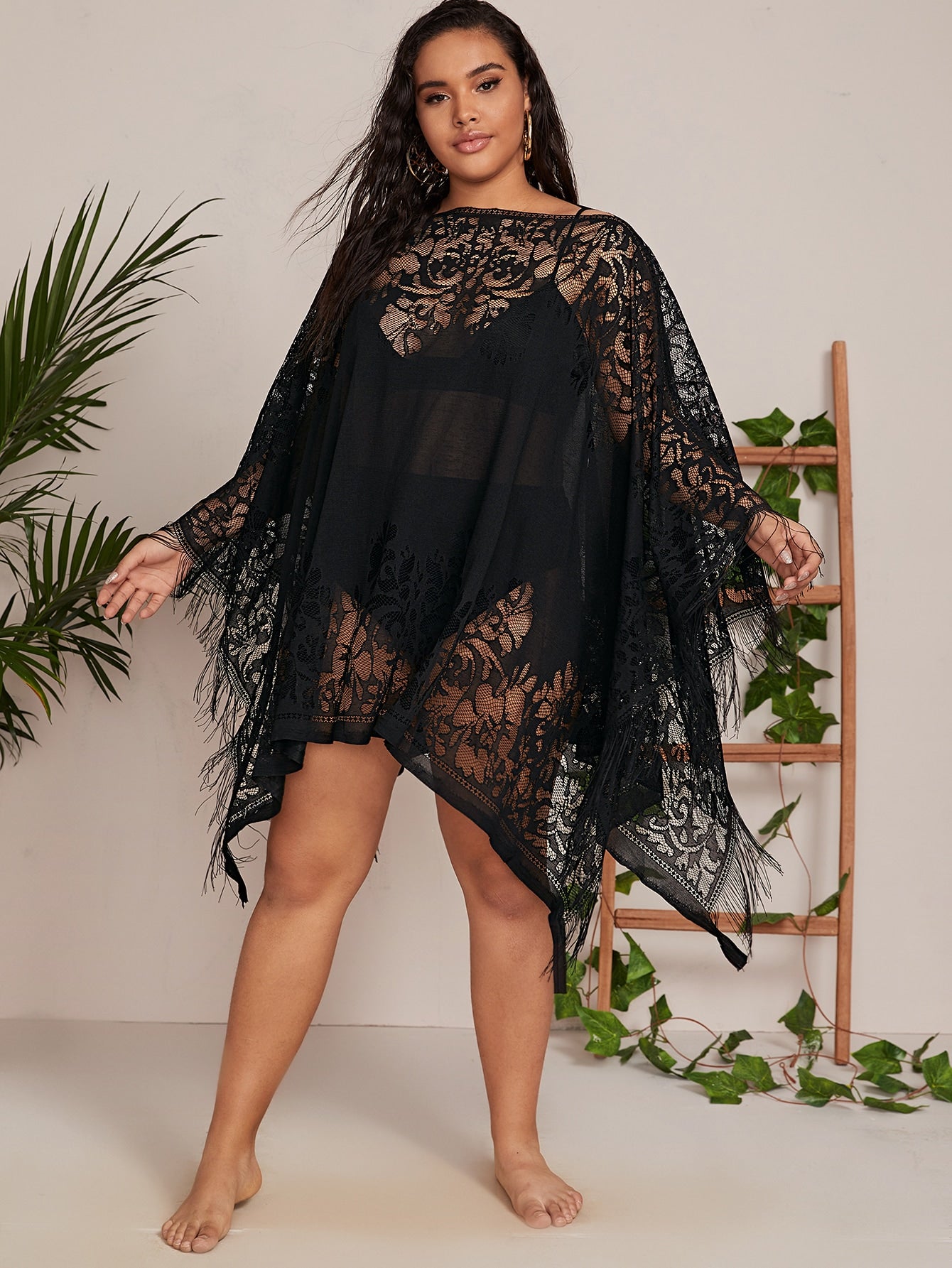 Plus Fringe Hem Sheer Mesh Cover Up