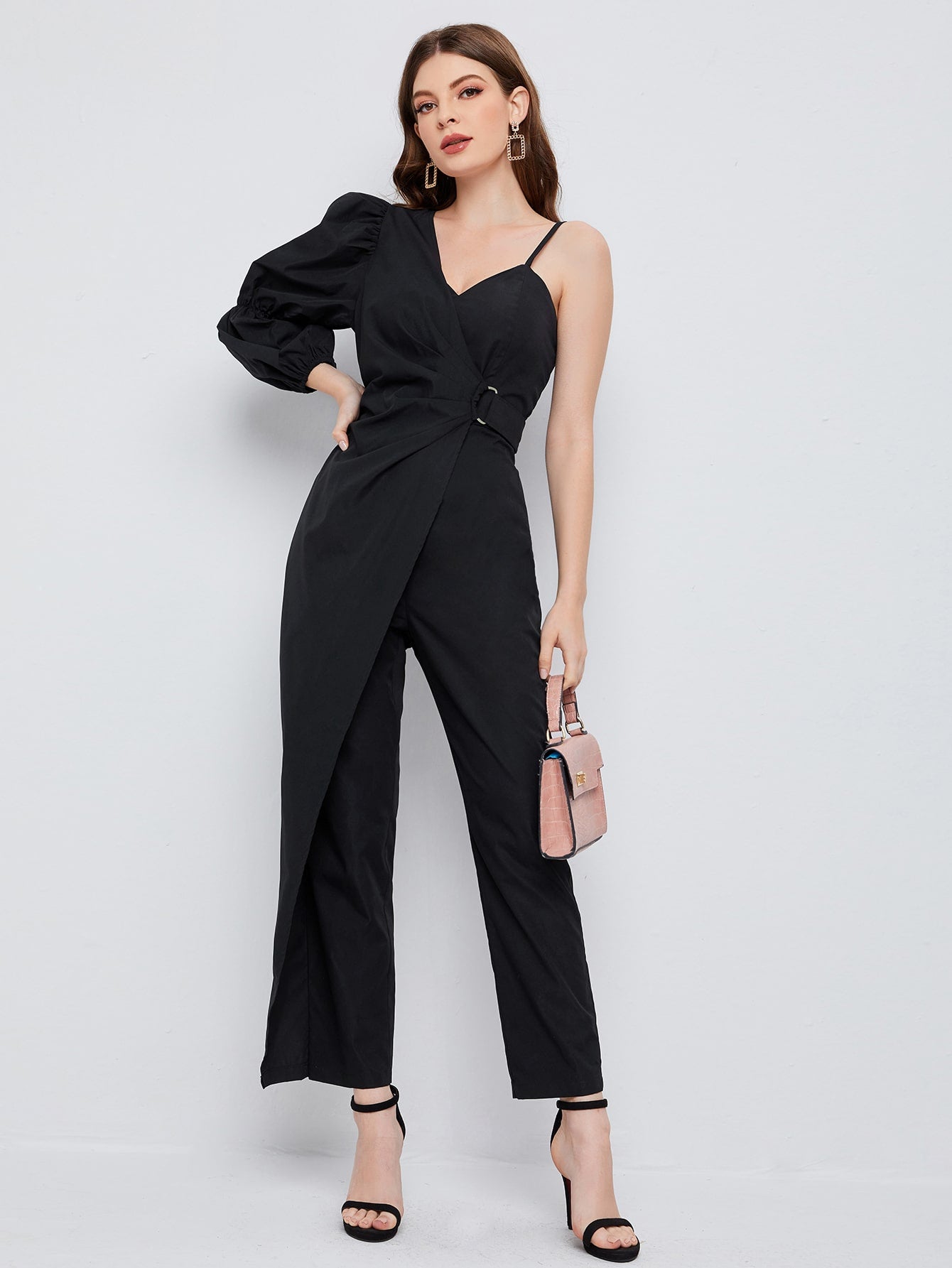 Asymmetrical Neck Gathered Sleeve Jumpsuit Workwear