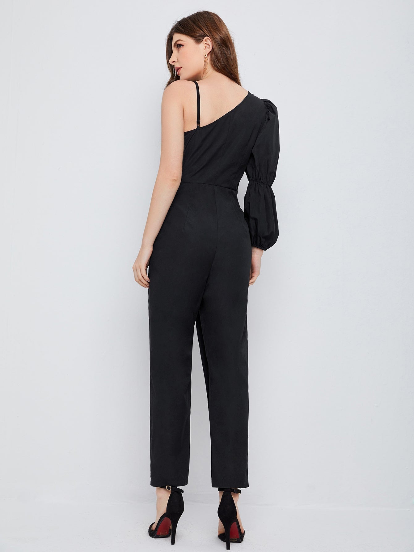 Asymmetrical Neck Gathered Sleeve Jumpsuit Workwear