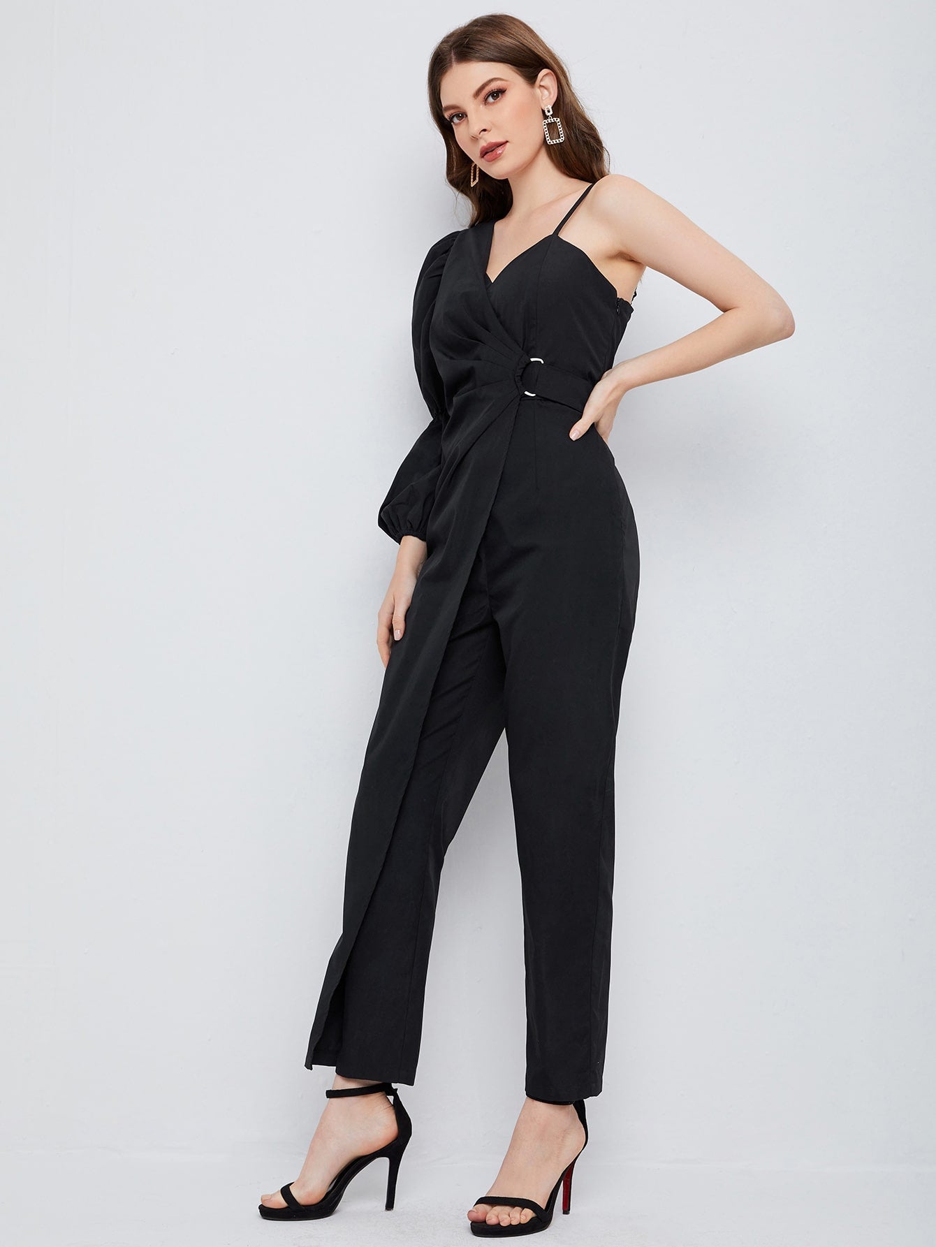 Asymmetrical Neck Gathered Sleeve Jumpsuit Workwear