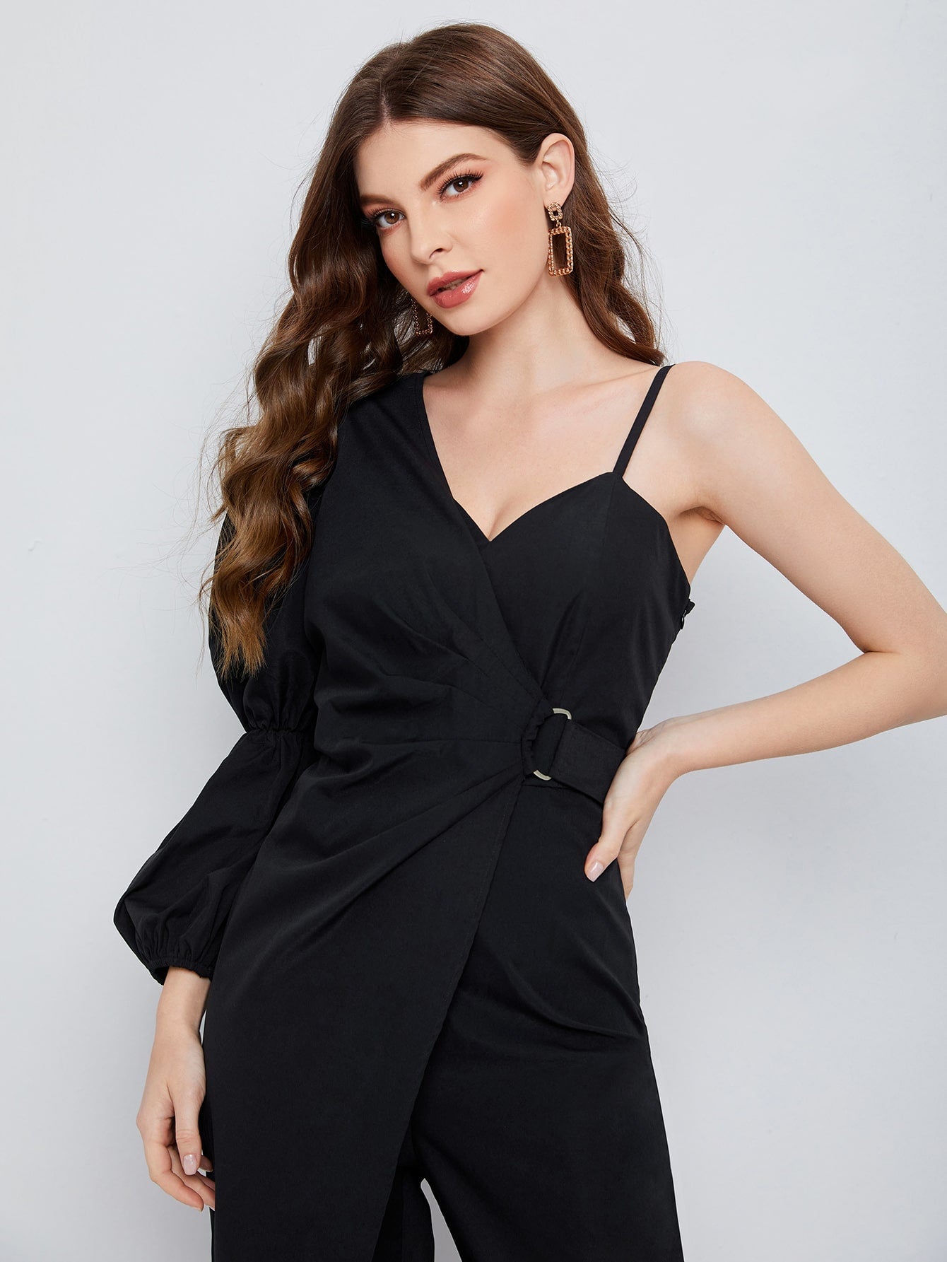 Asymmetrical Neck Gathered Sleeve Jumpsuit Workwear