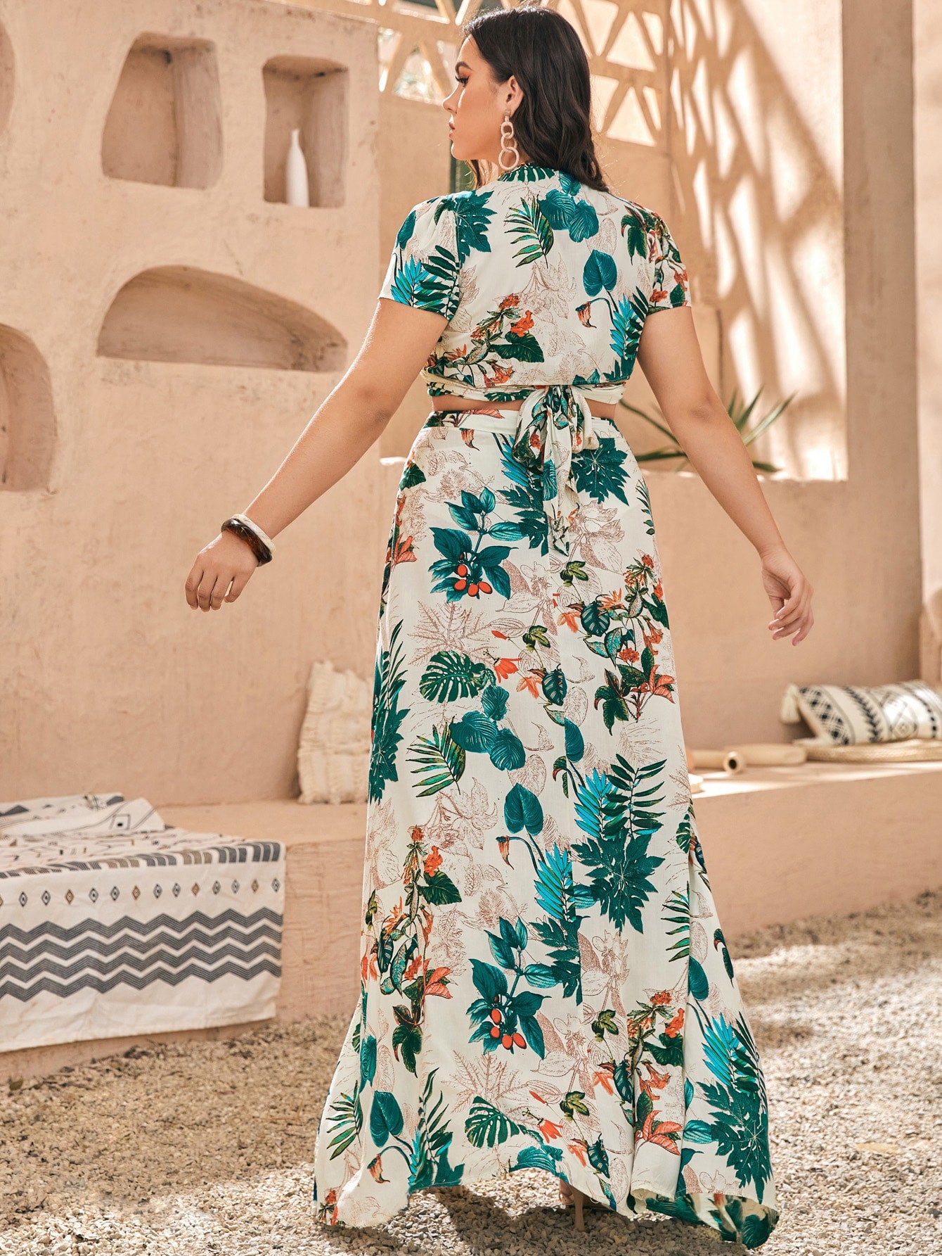 Plus Leaf Print Wrap Top Skirt