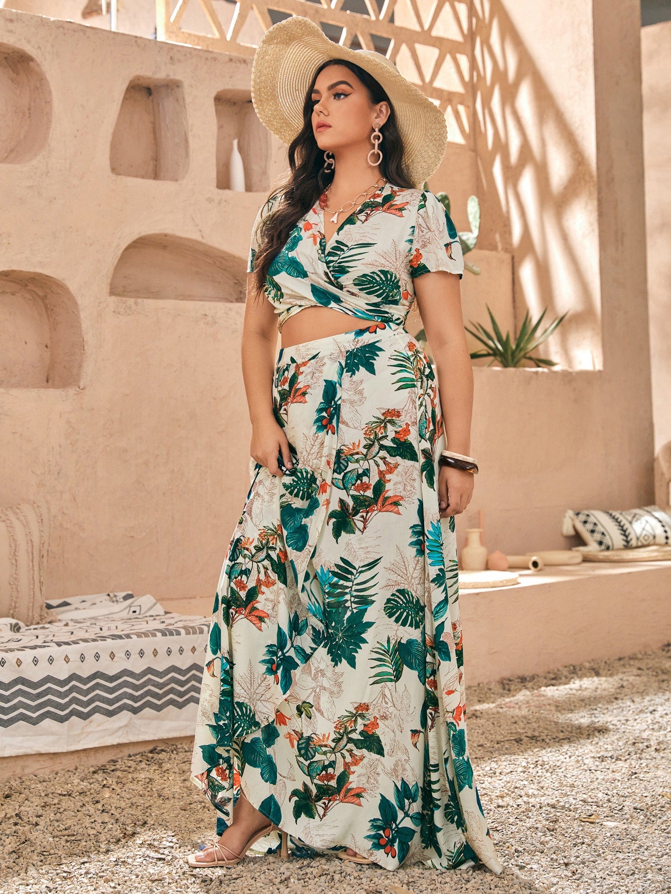 Plus Leaf Print Wrap Top Skirt
