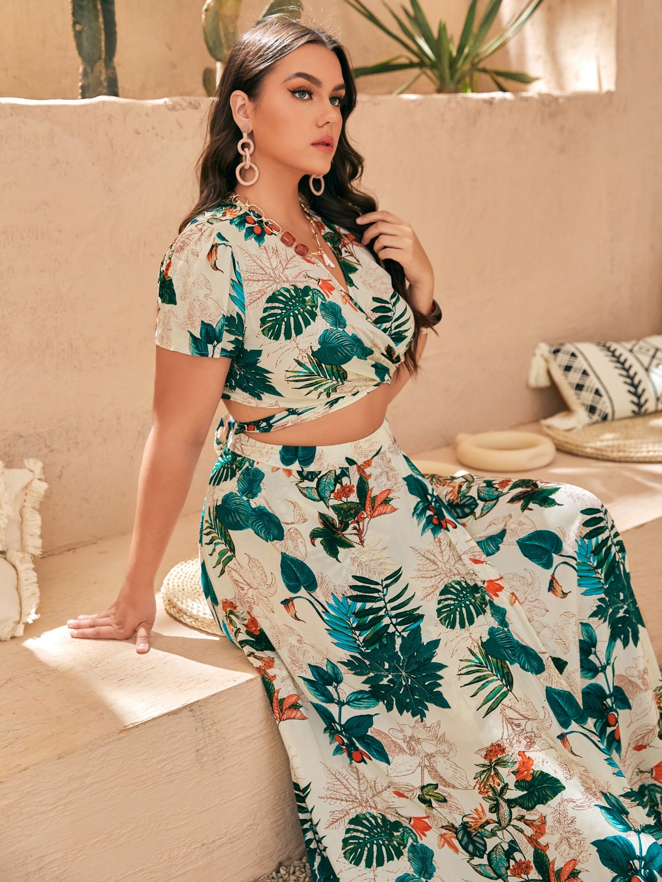 Plus Leaf Print Wrap Top Skirt