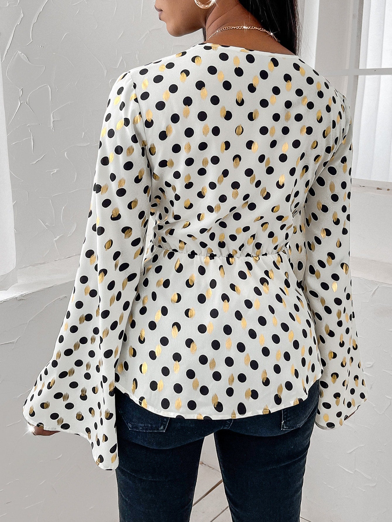 Surplice Front Polka Dot Belted Blouse