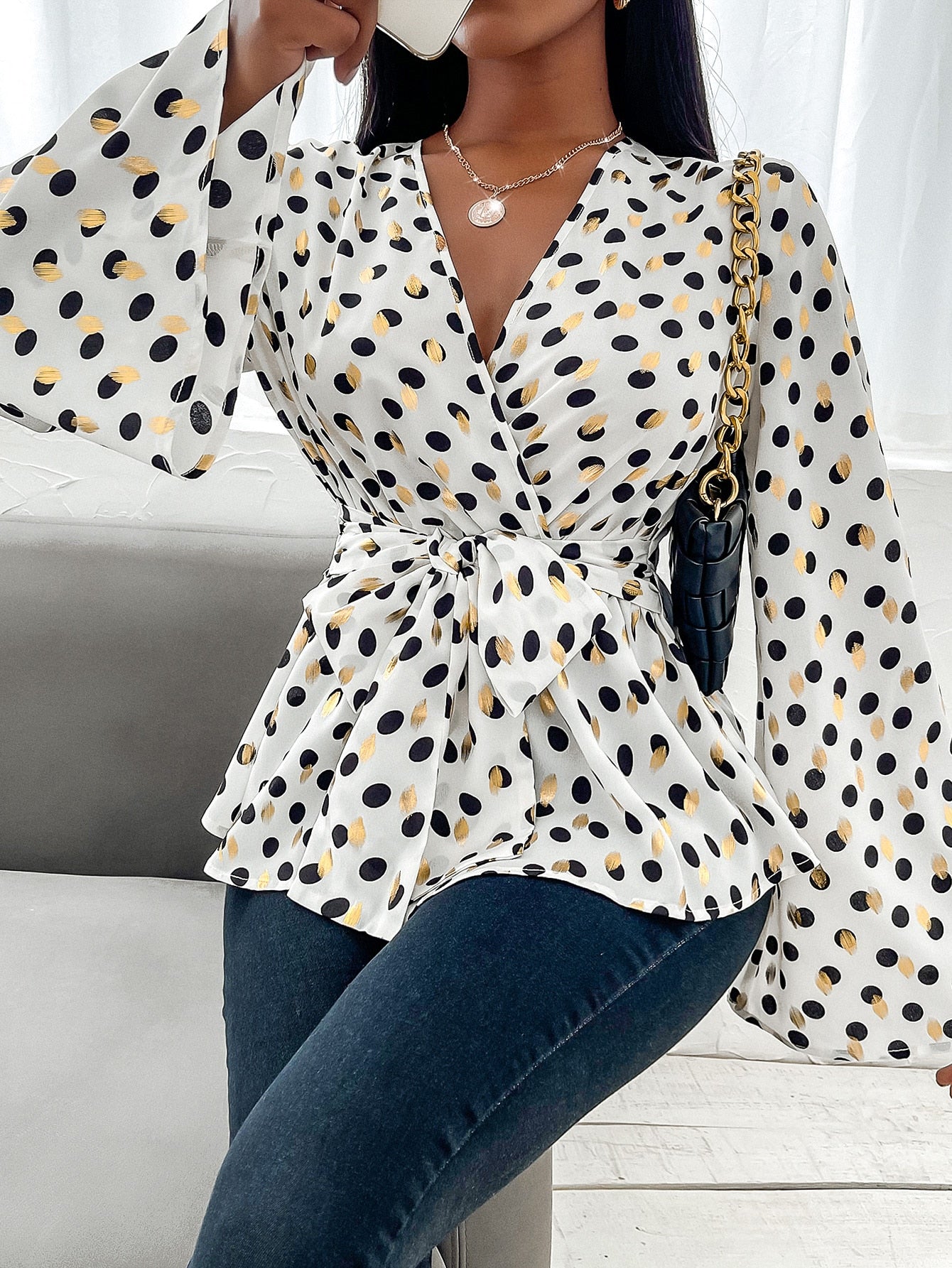 Surplice Front Polka Dot Belted Blouse