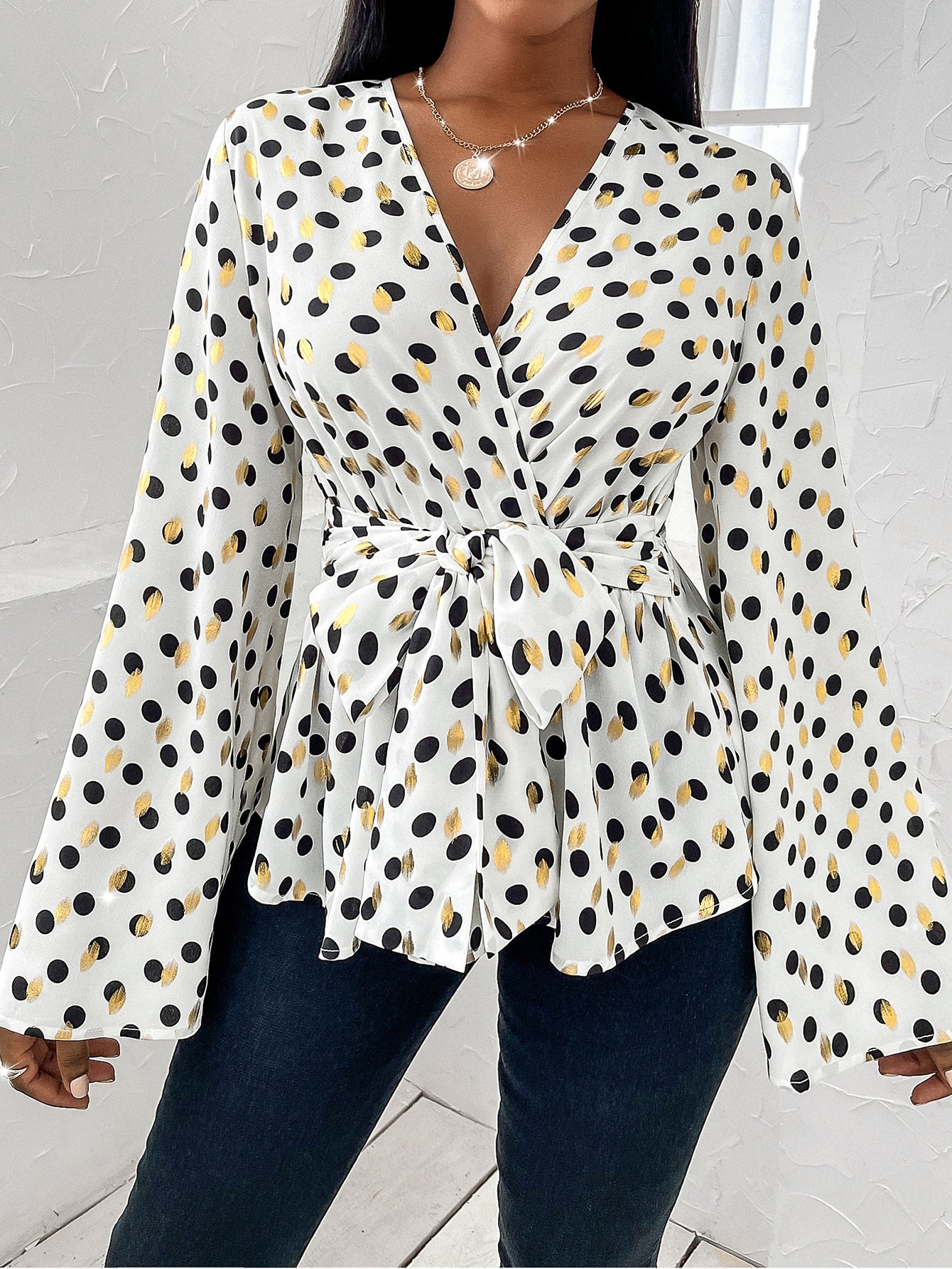 Surplice Front Polka Dot Belted Blouse