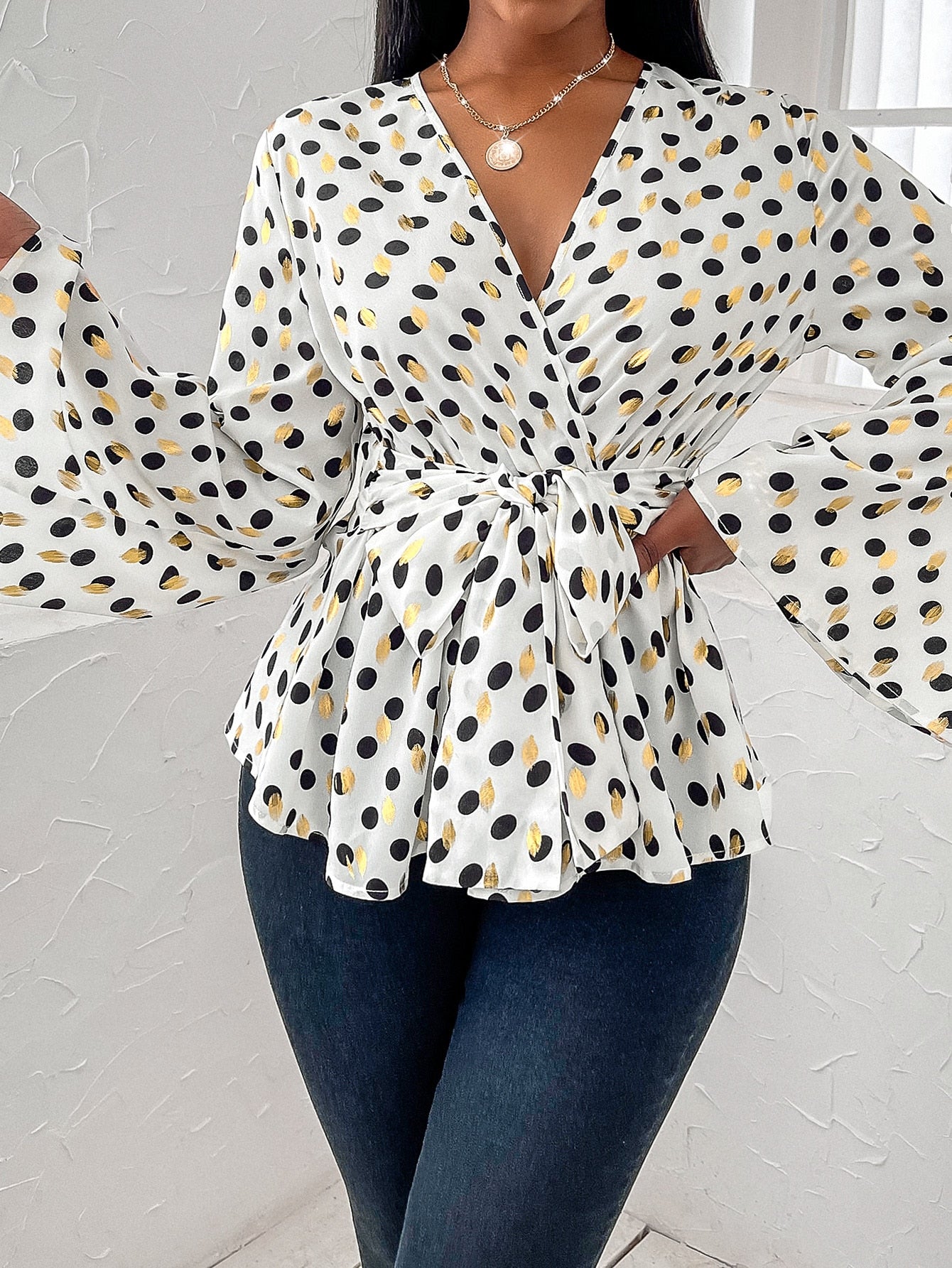 Surplice Front Polka Dot Belted Blouse
