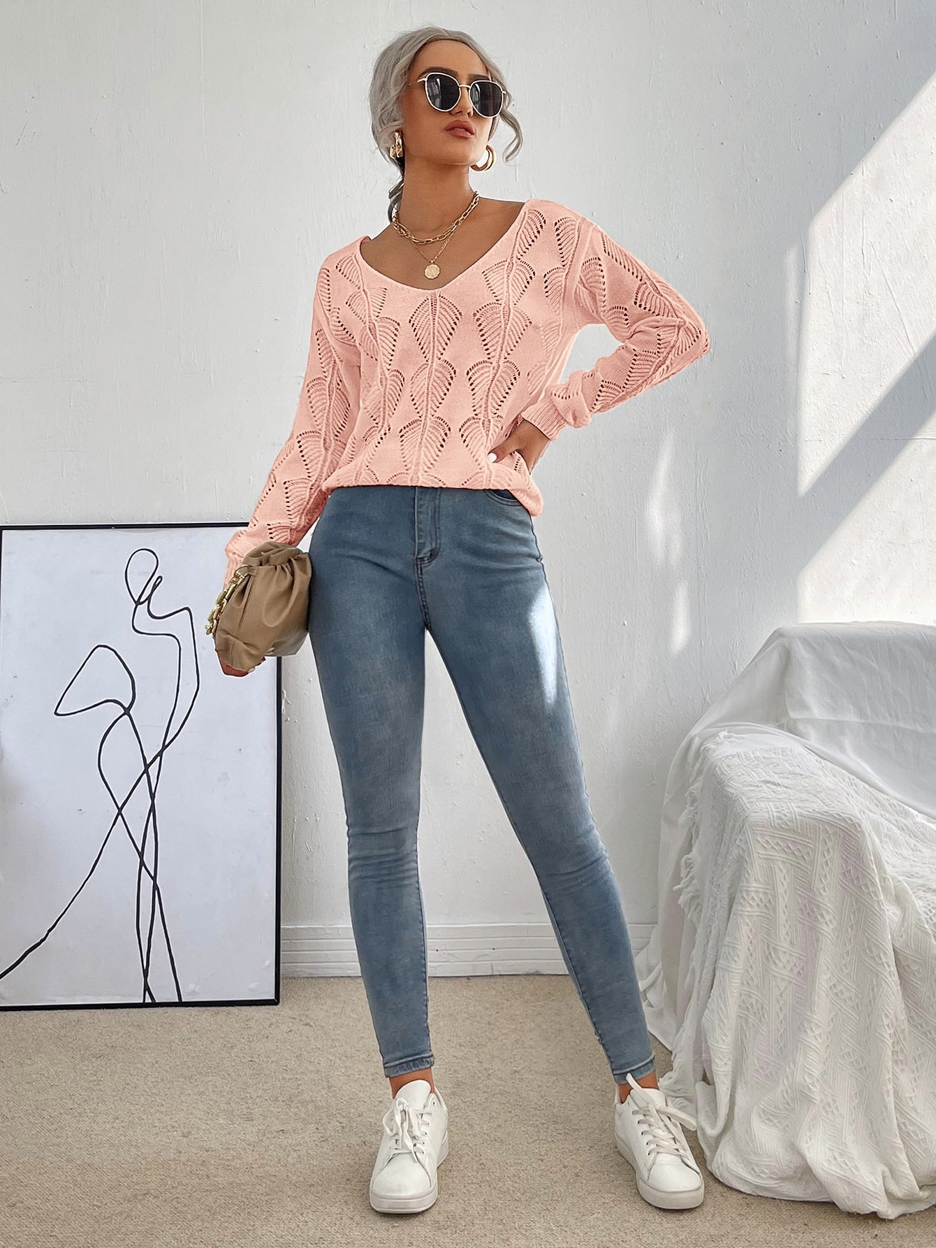 Pointelle Drop Shoulder Sweater