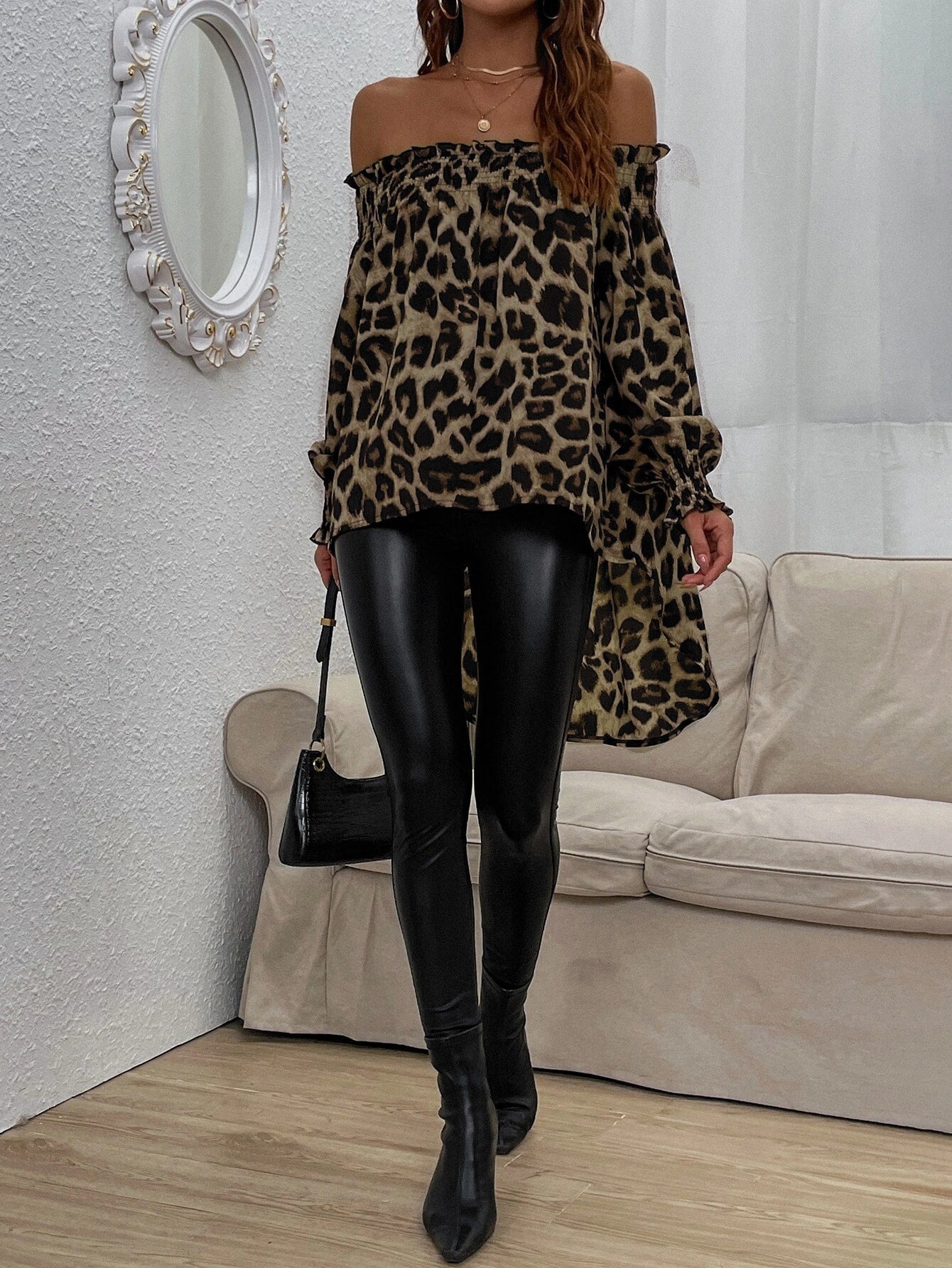 Off Shoulder Leopard Print High Low Blouse