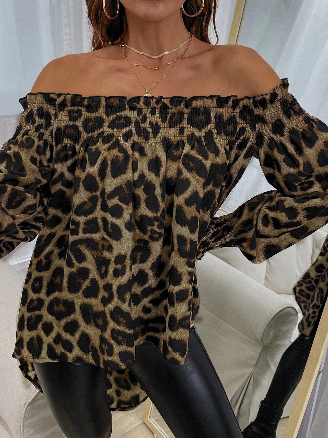 Off Shoulder Leopard Print High Low Blouse