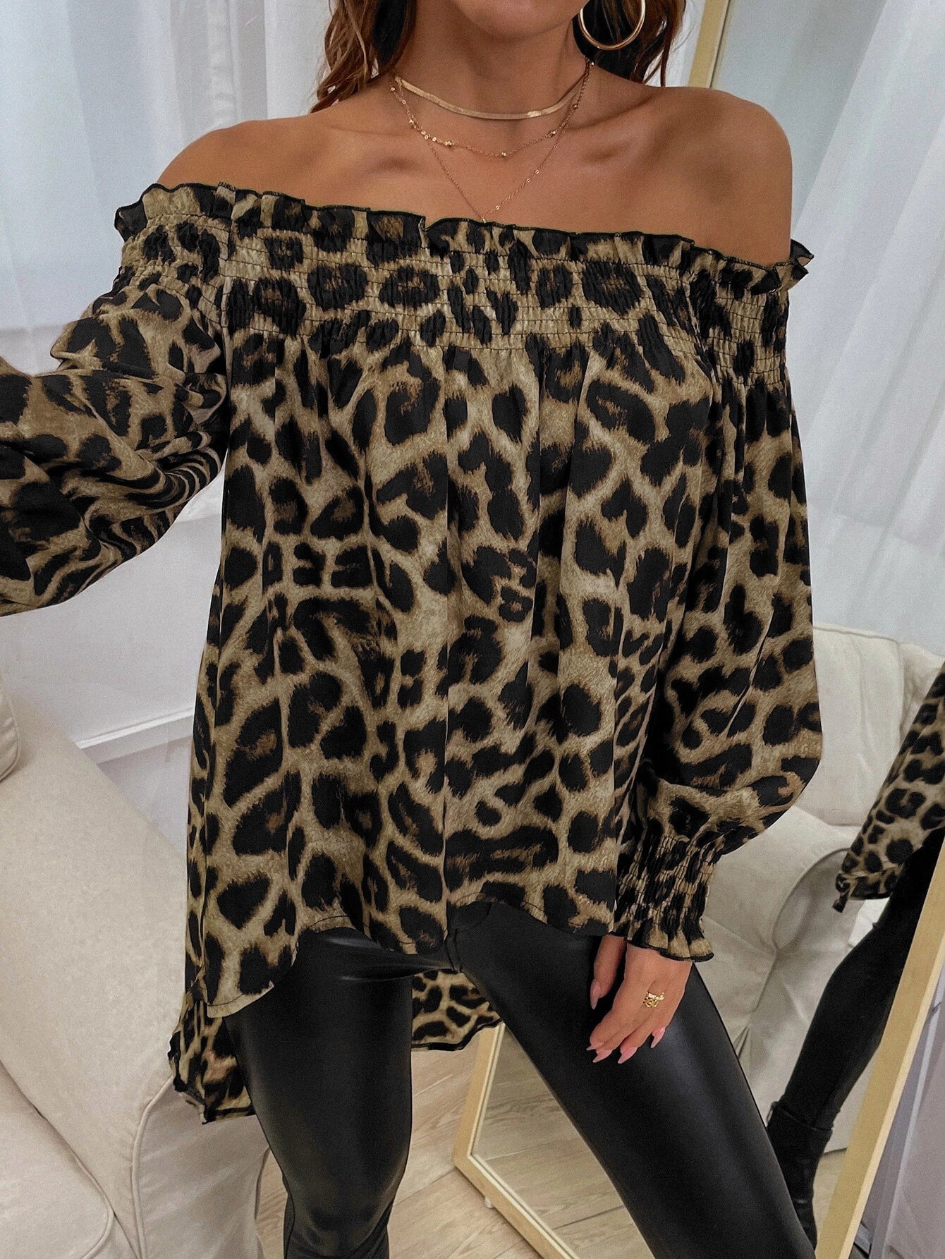 Off Shoulder Leopard Print High Low Blouse