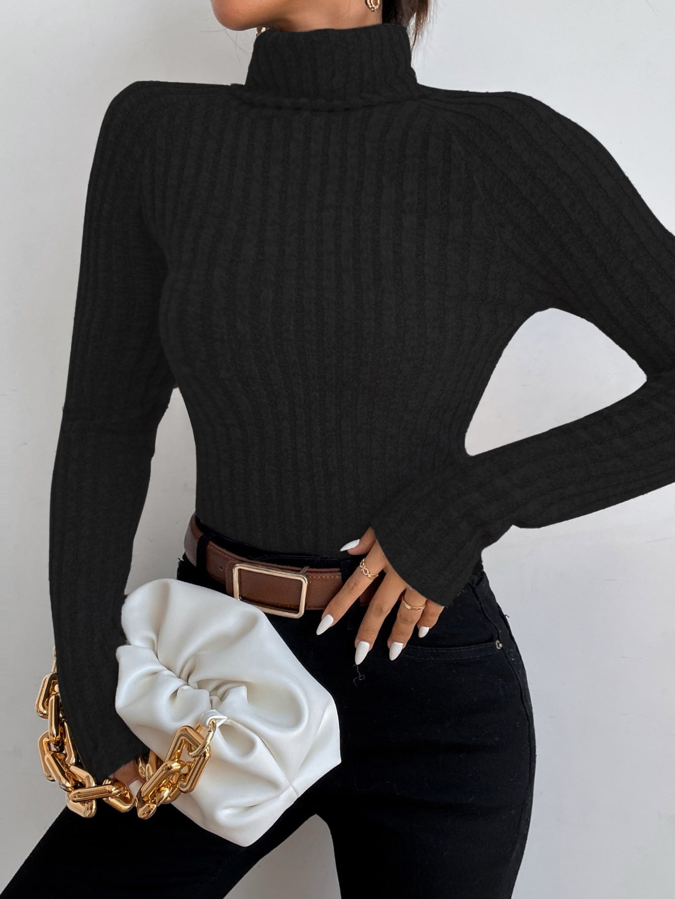 Turtle Neck Rib-Knit Sweater