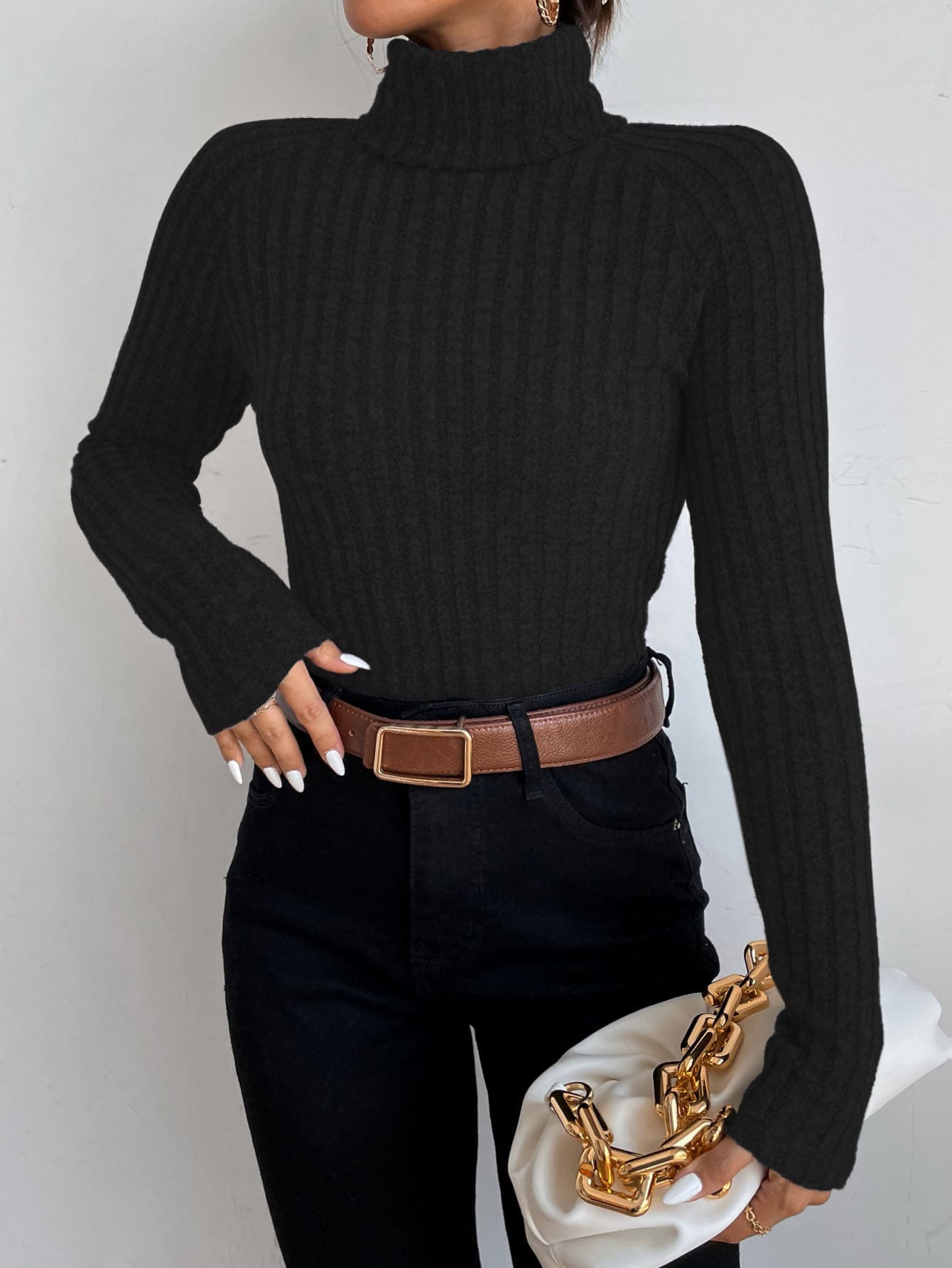 Turtle Neck Rib-Knit Sweater