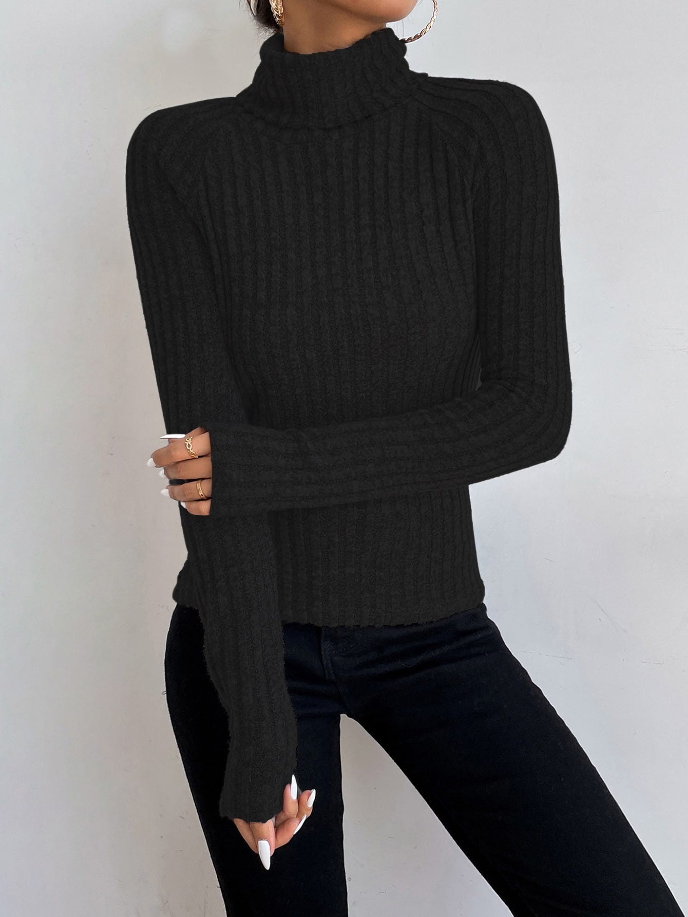 Turtle Neck Rib-Knit Sweater