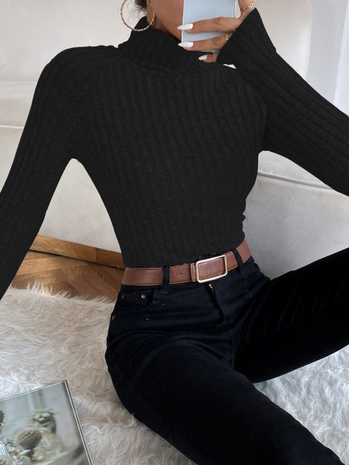 Turtle Neck Rib-Knit Sweater