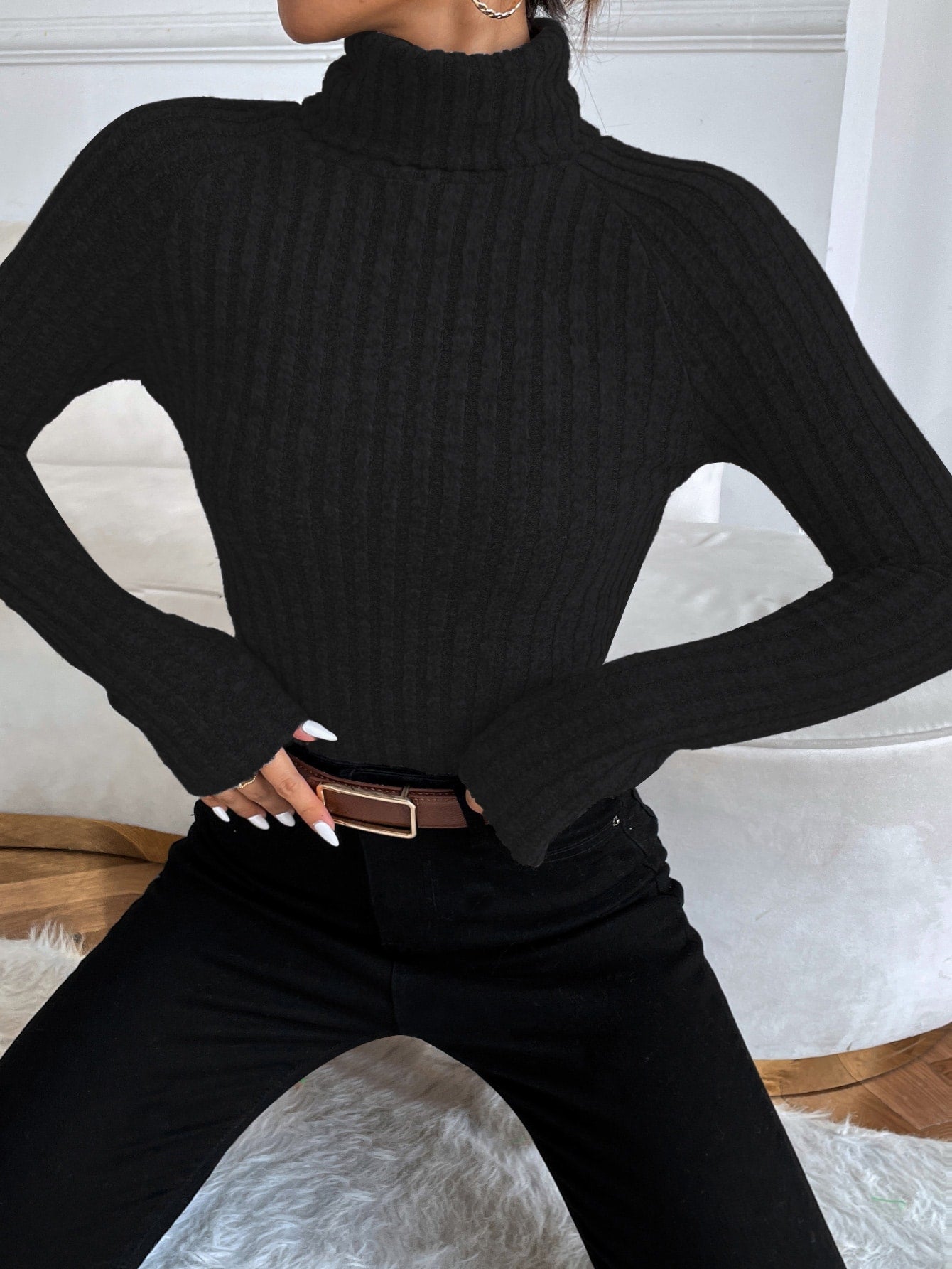 Turtle Neck Rib-Knit Sweater