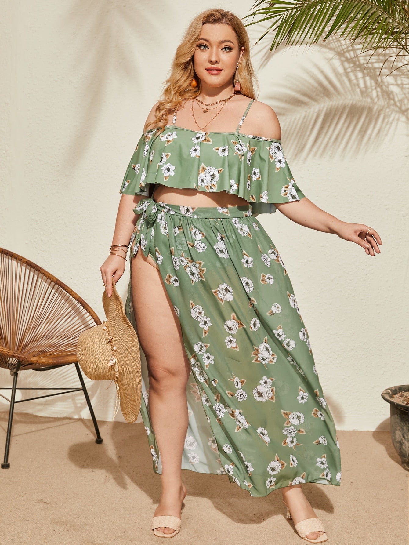Plus 3 Pc Tropical Print Cold Shoulder Knot Side Bikini Swimsuit