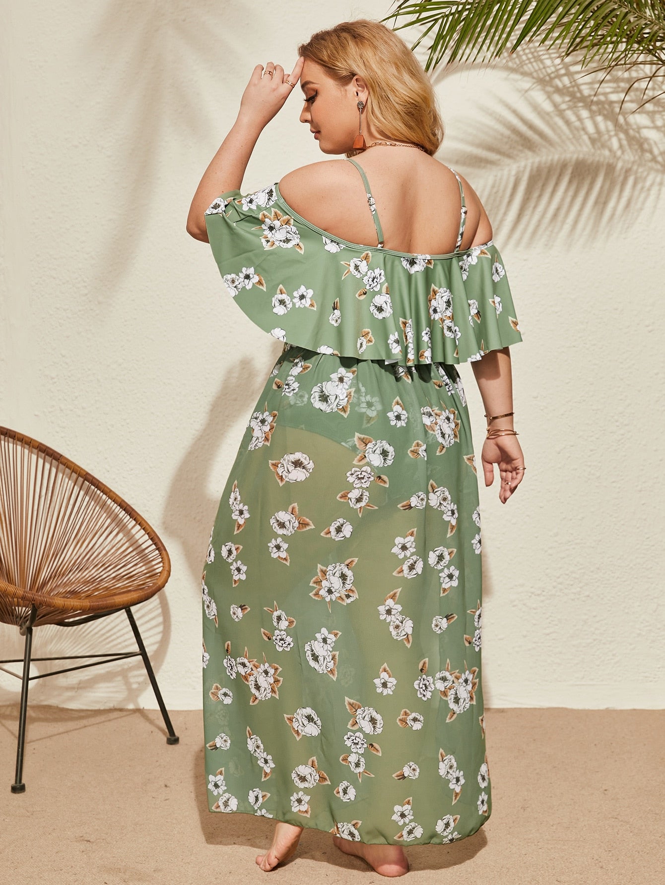 Plus 3 Pc Tropical Print Cold Shoulder Knot Side Bikini Swimsuit