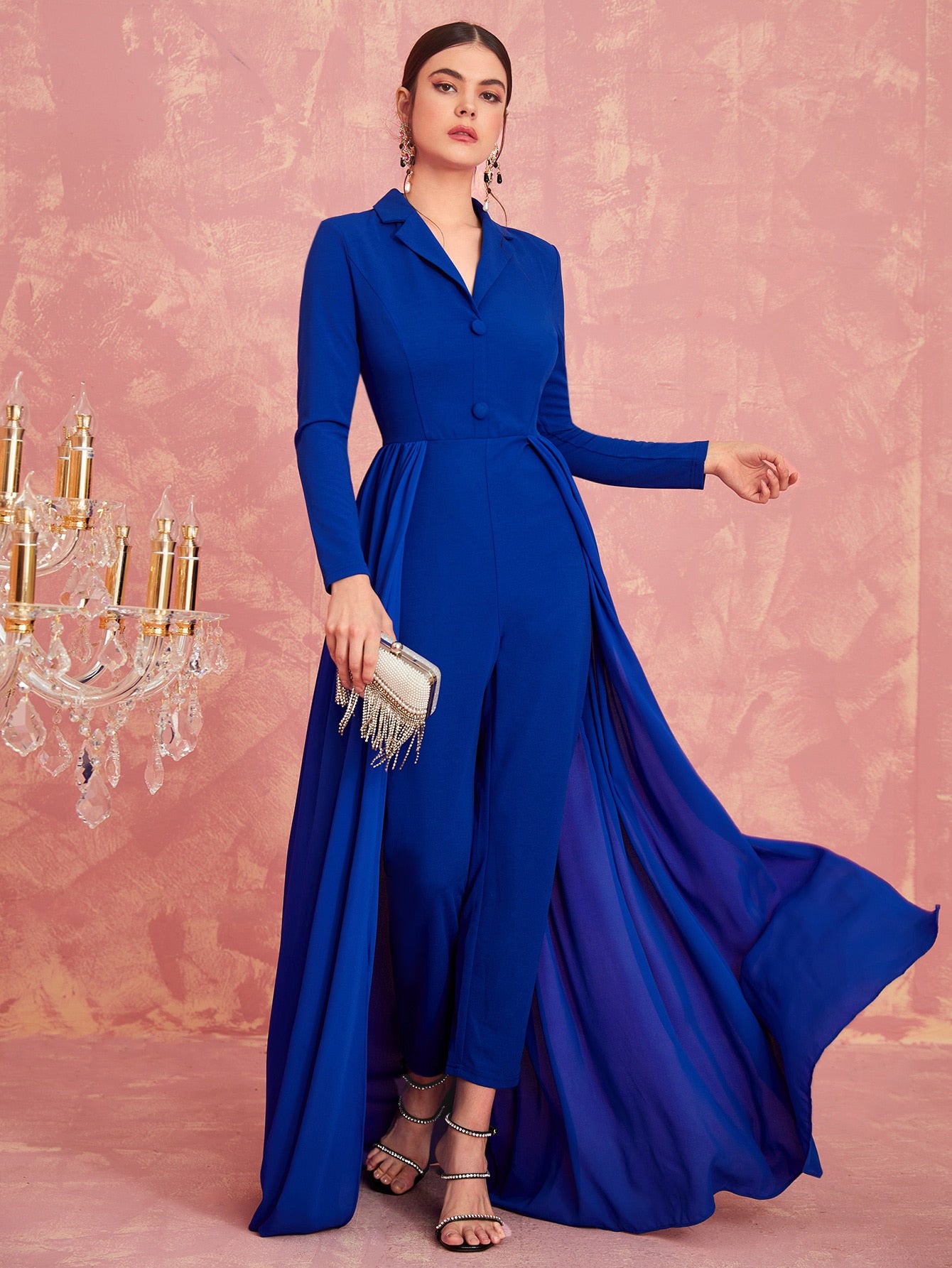 Lapel Collar Solid Shirt Jumpsuit With Skirt