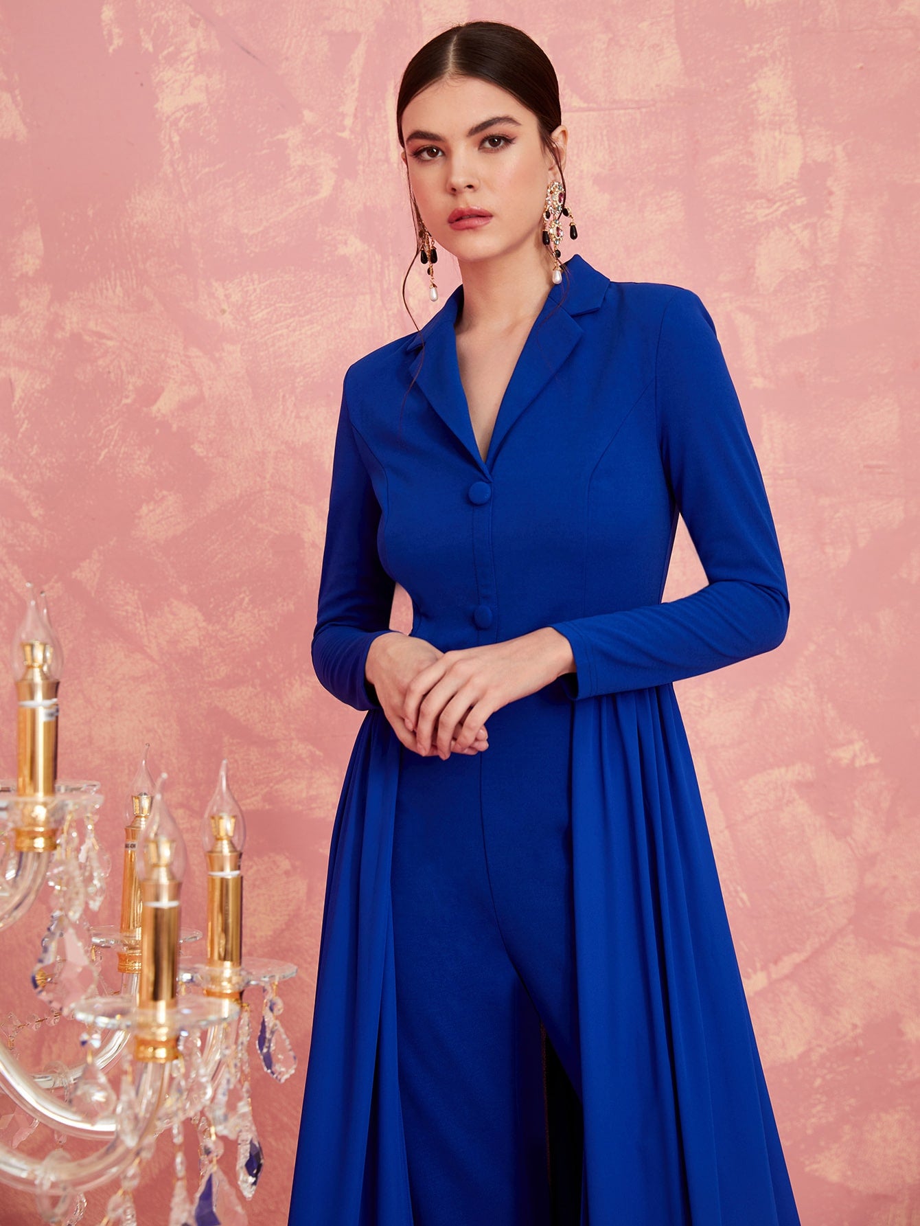 Lapel Collar Solid Shirt Jumpsuit With Skirt