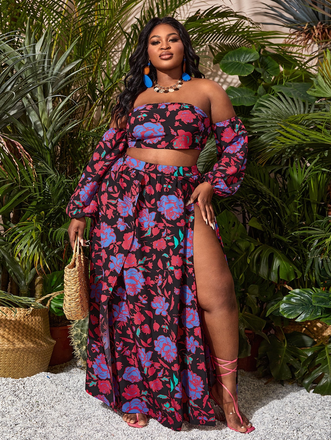 Plus Floral Off The Shoulder Top Split Thigh Skirt Set