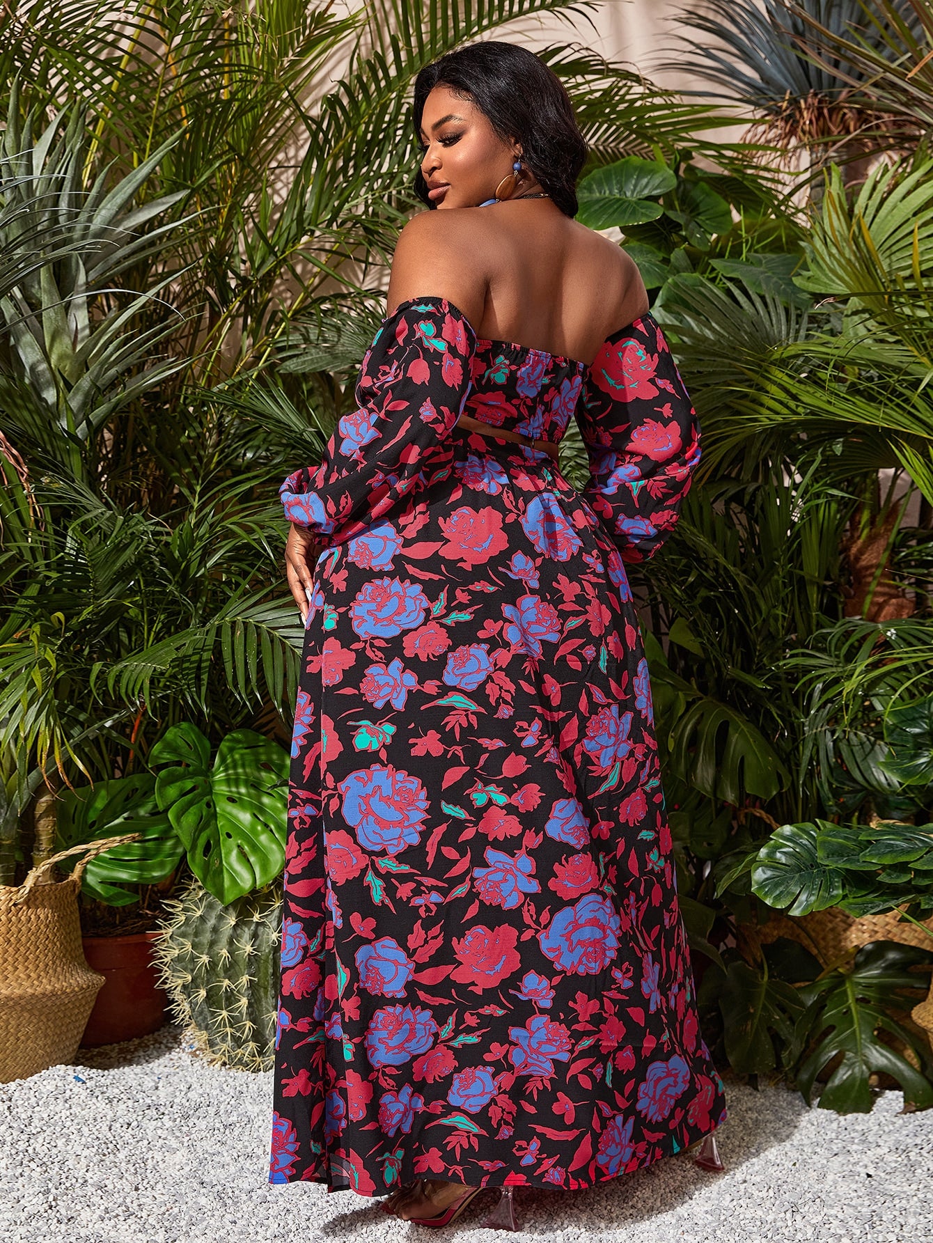 Plus Floral Off The Shoulder Top Split Thigh Skirt Set
