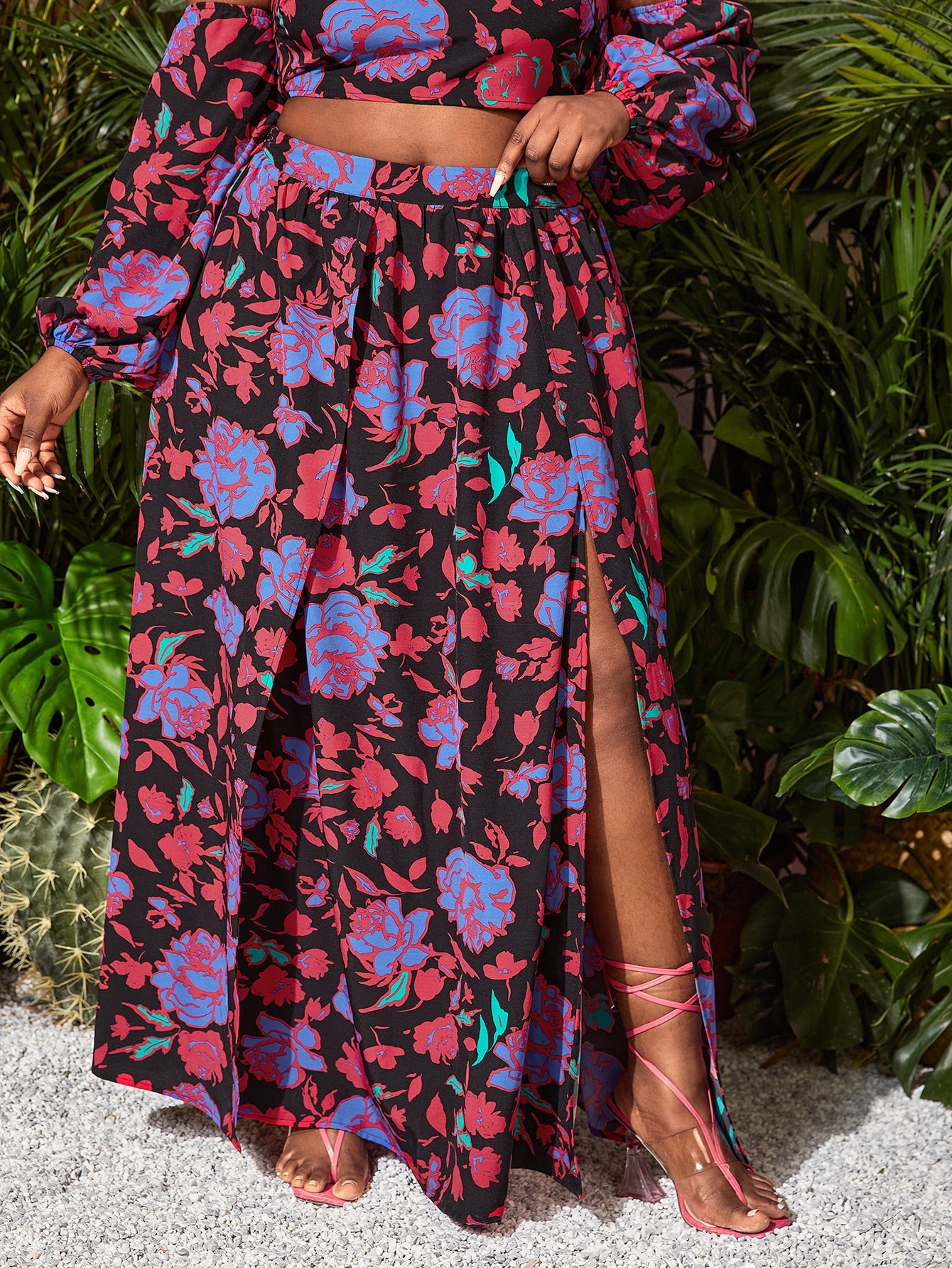 Plus Floral Off The Shoulder Top Split Thigh Skirt Set