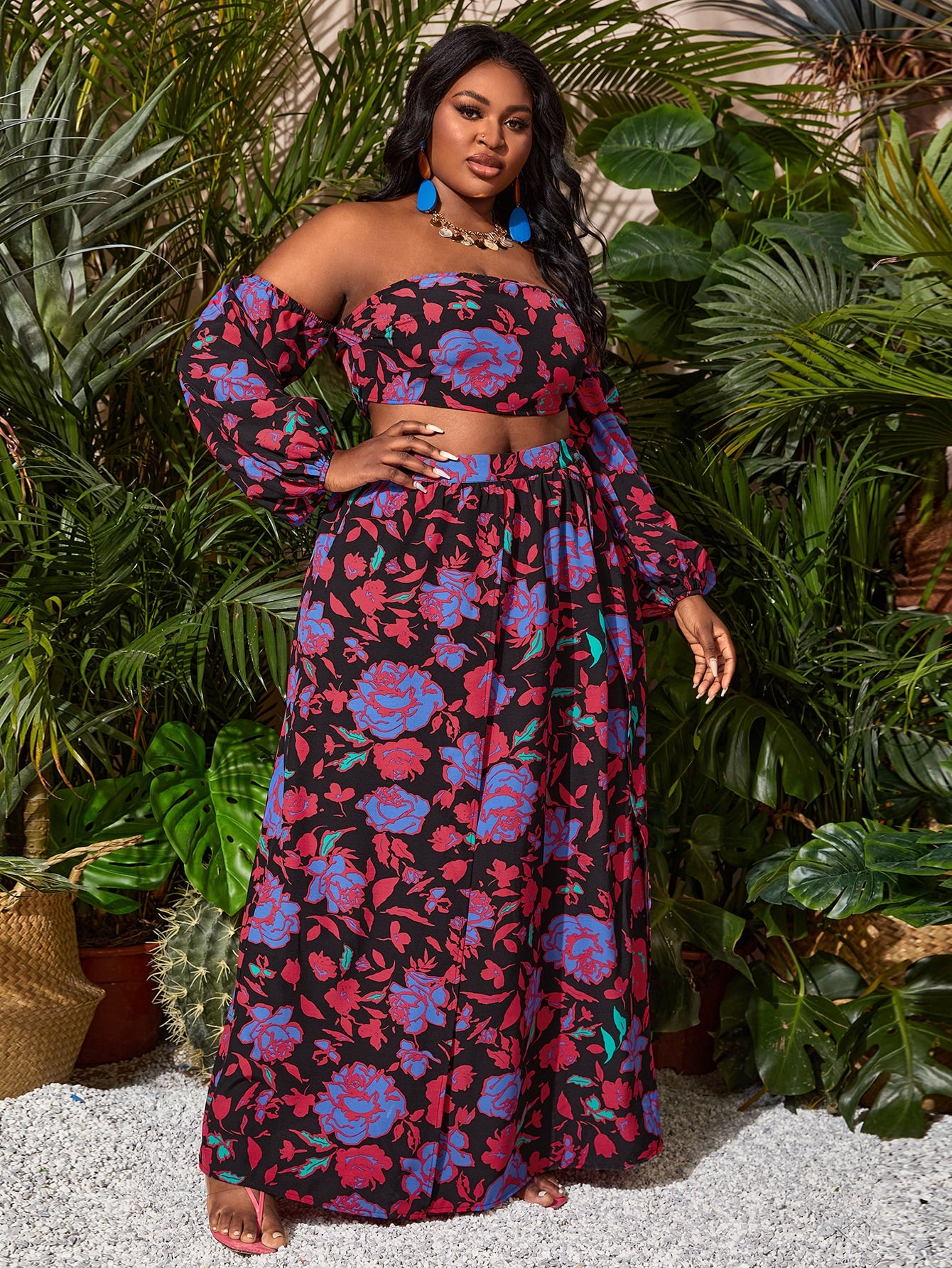 Plus Floral Off The Shoulder Top Split Thigh Skirt Set